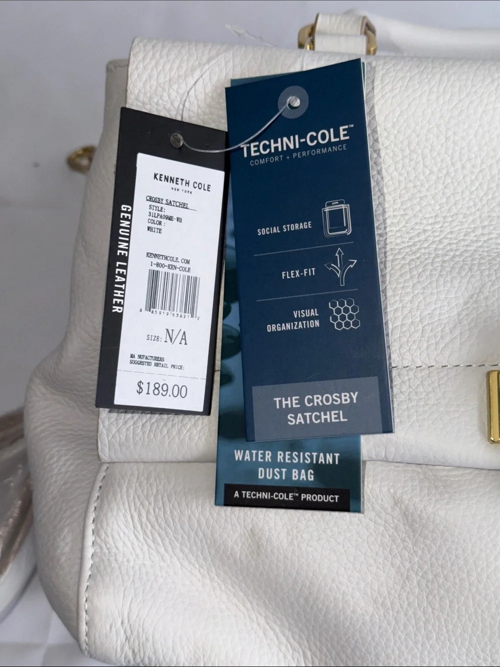 Kenneth Cole White Leather Satchel with Gold-Tone Buckle